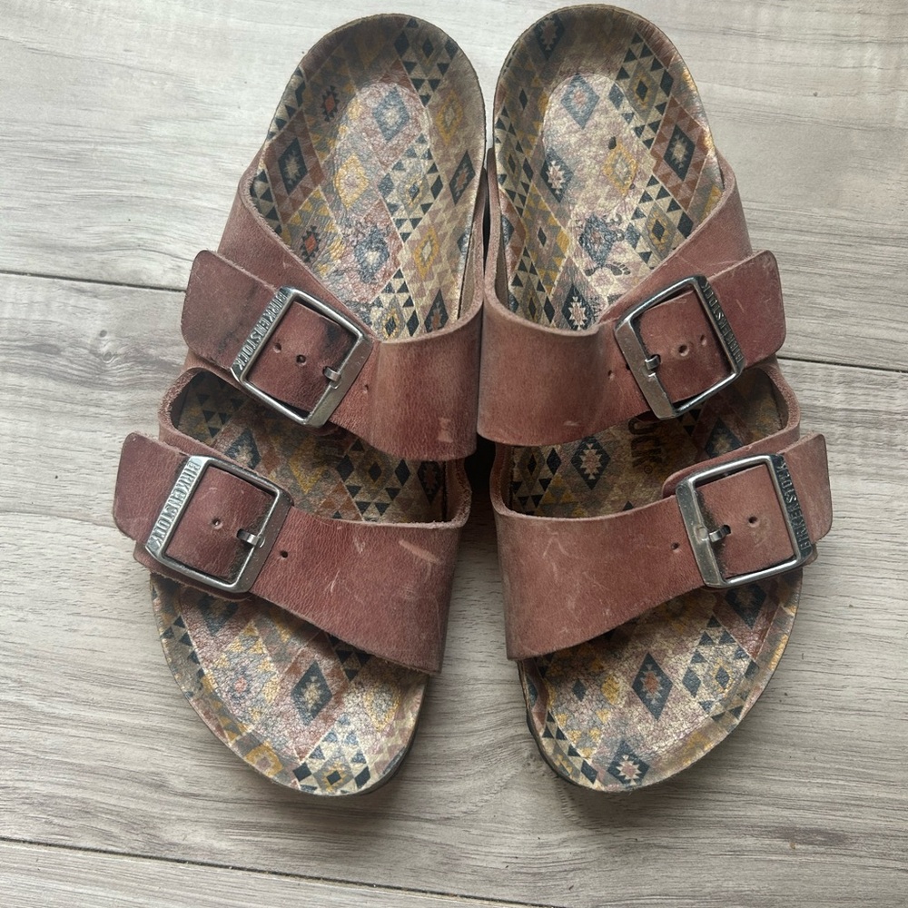 Birkenstock Arizona Sandals — Brown Suede with Geometric Footbed